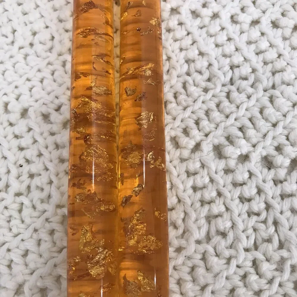 Vintage MCM 2 Lucite Candles 1960's Orange Candlesticks Gold Flecks 11.5”